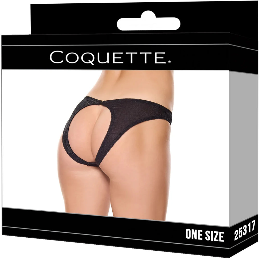Coquette Knit Open Back Panty Black One Size displayed in a packaging with a sleek design and open back detail.