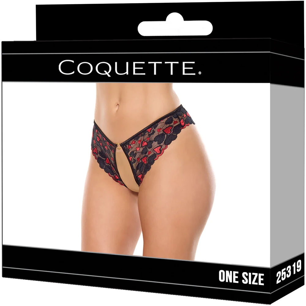 Coquette Heart Lace Crotchless Panty Black One Size packaging featuring heart print lace design.
