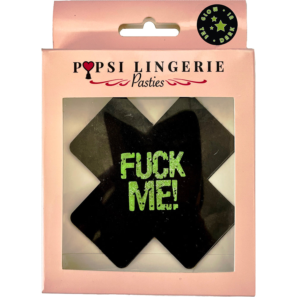 X Shape Fuck Me Glow In The Dark Pasties Black OS packaging featuring a bold design and glow-in-the-dark text.