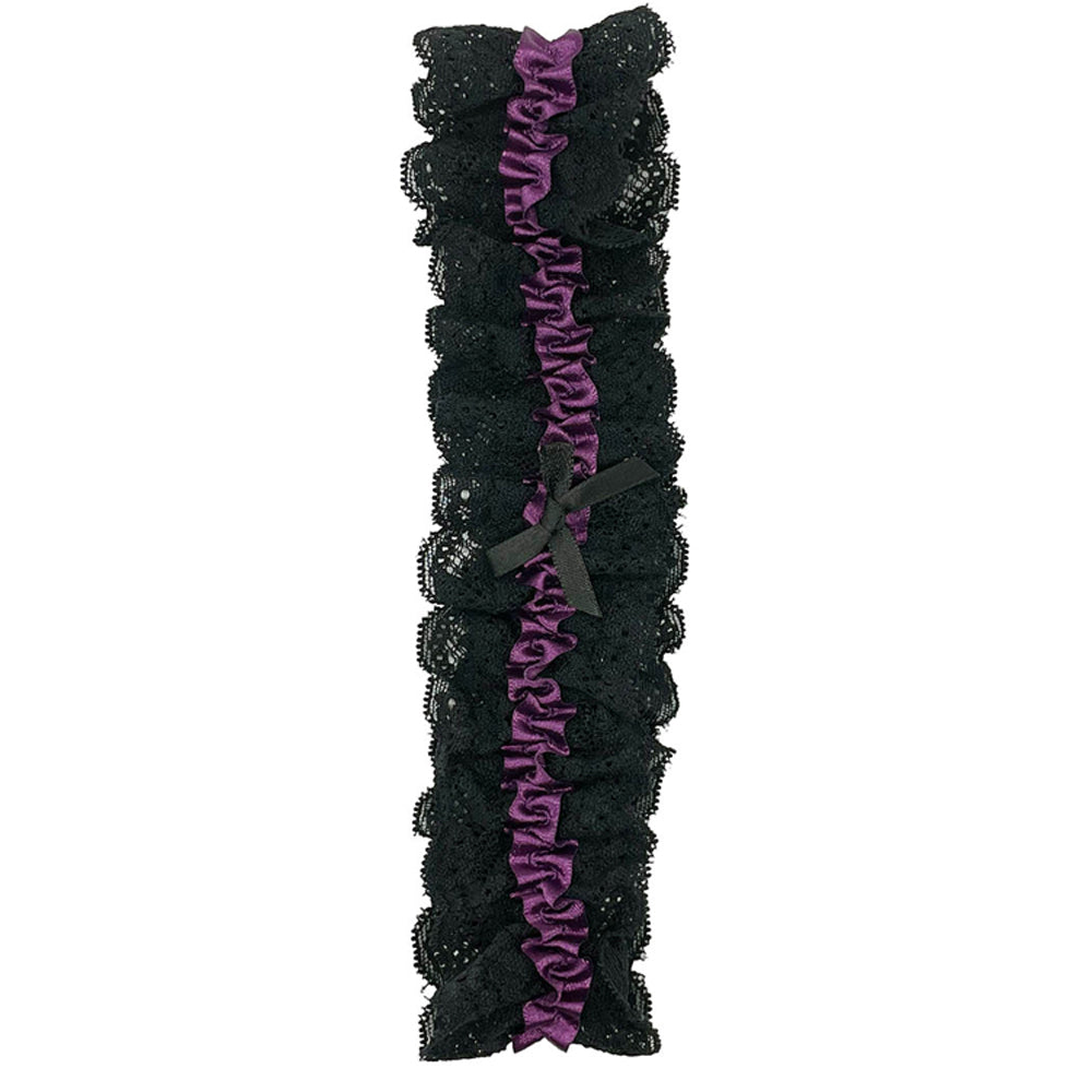 Popsi Lingerie Lace Garter Black OS featuring elegant black lace with purple accents and ruffled details.
