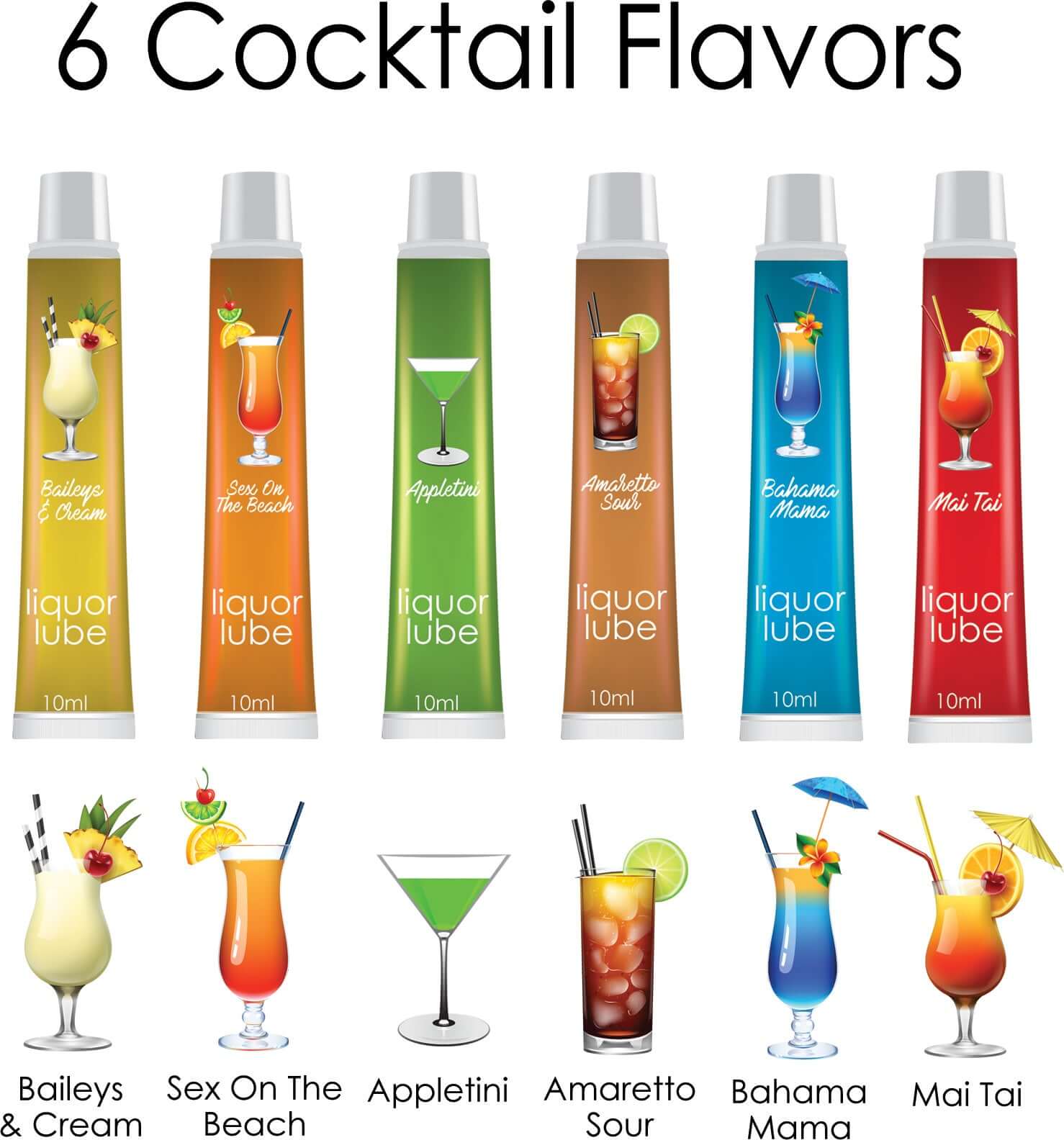 Liquor Lube Assorted Flavors 72 Pc Display featuring 6 cocktail flavors including Baileys & Cream, Mai Tai, and others.