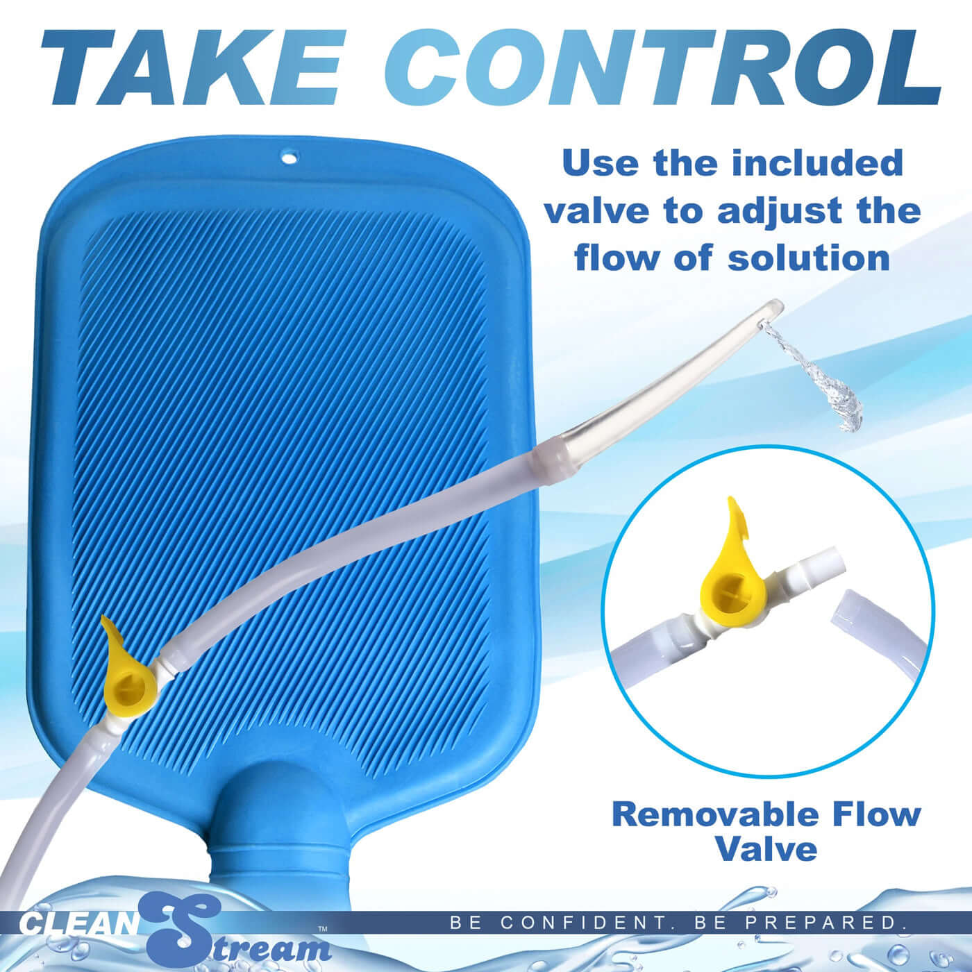Clean Stream Deluxe Shower Enema Kit Blue features a removable flow valve for easy water flow control.