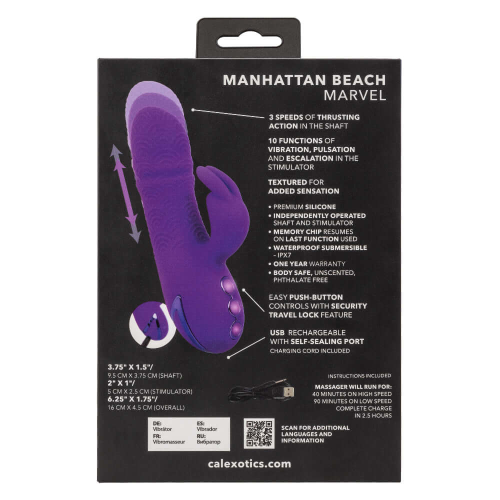 California Dreaming Manhattan Beach Marvel Rabbit Vibrator packaging with product features and USB rechargeable function