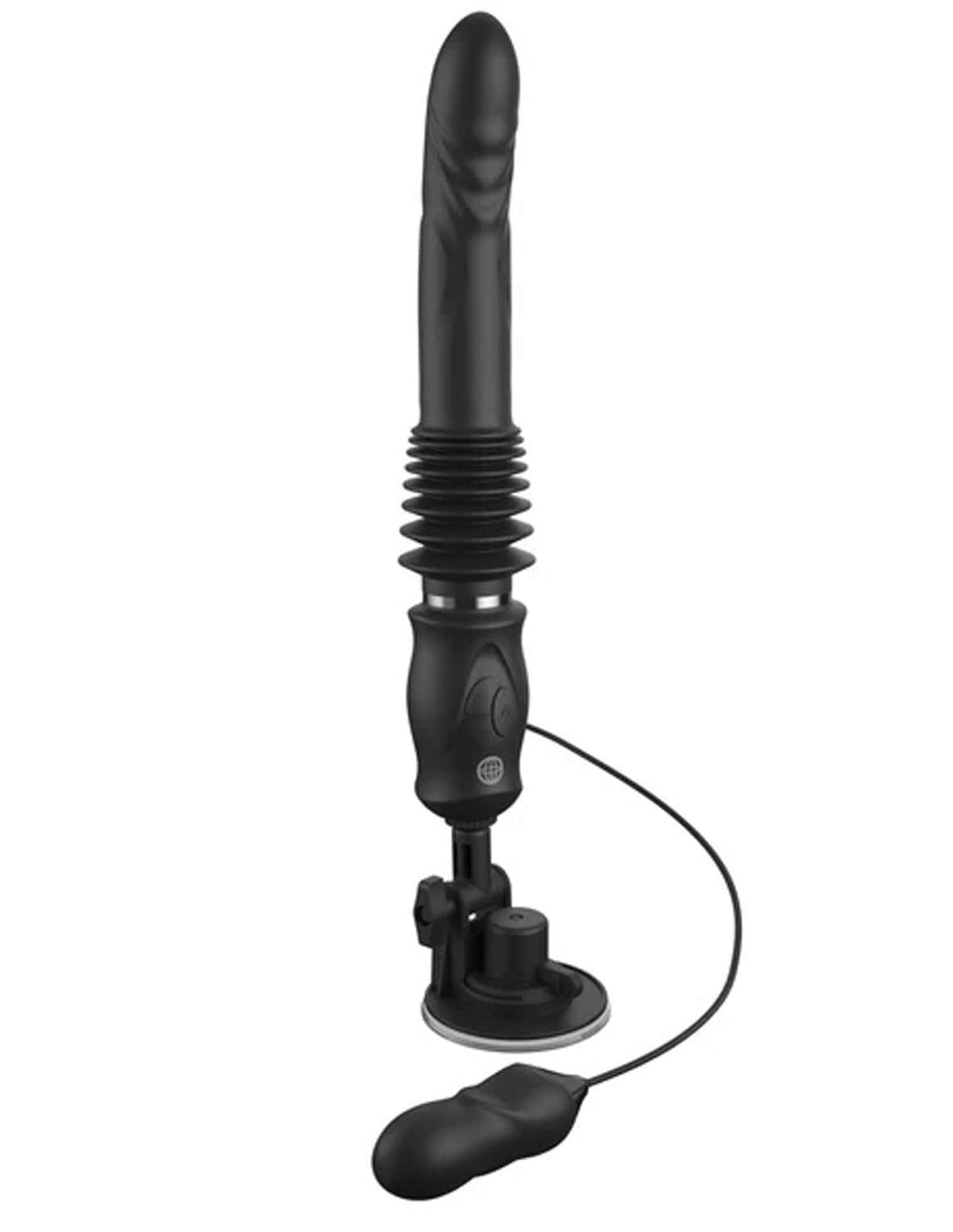 Black silicone thruster vibrator with 3-speed thrusting and 10 vibration patterns for customizable pleasure experience.