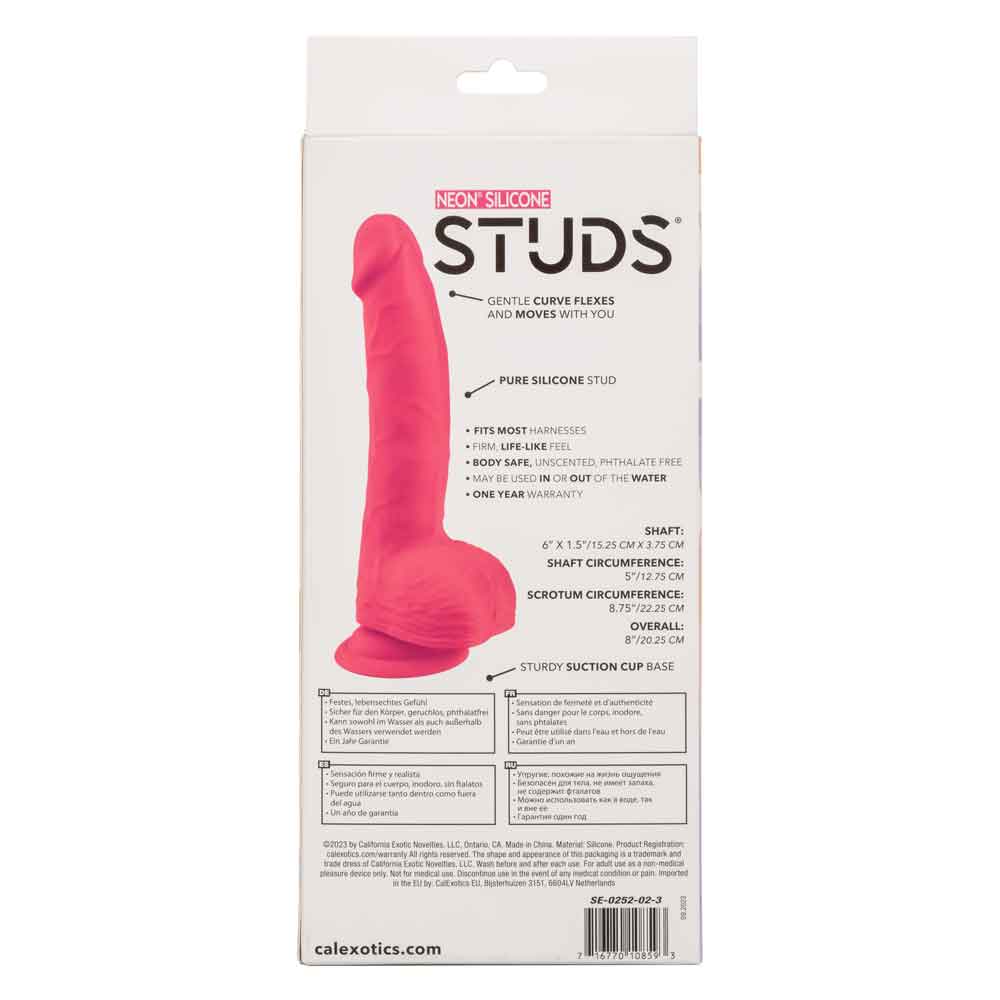 Packaging of Neon Silicone Studs 6 Inch Dildo in pink color with product details and usage instructions