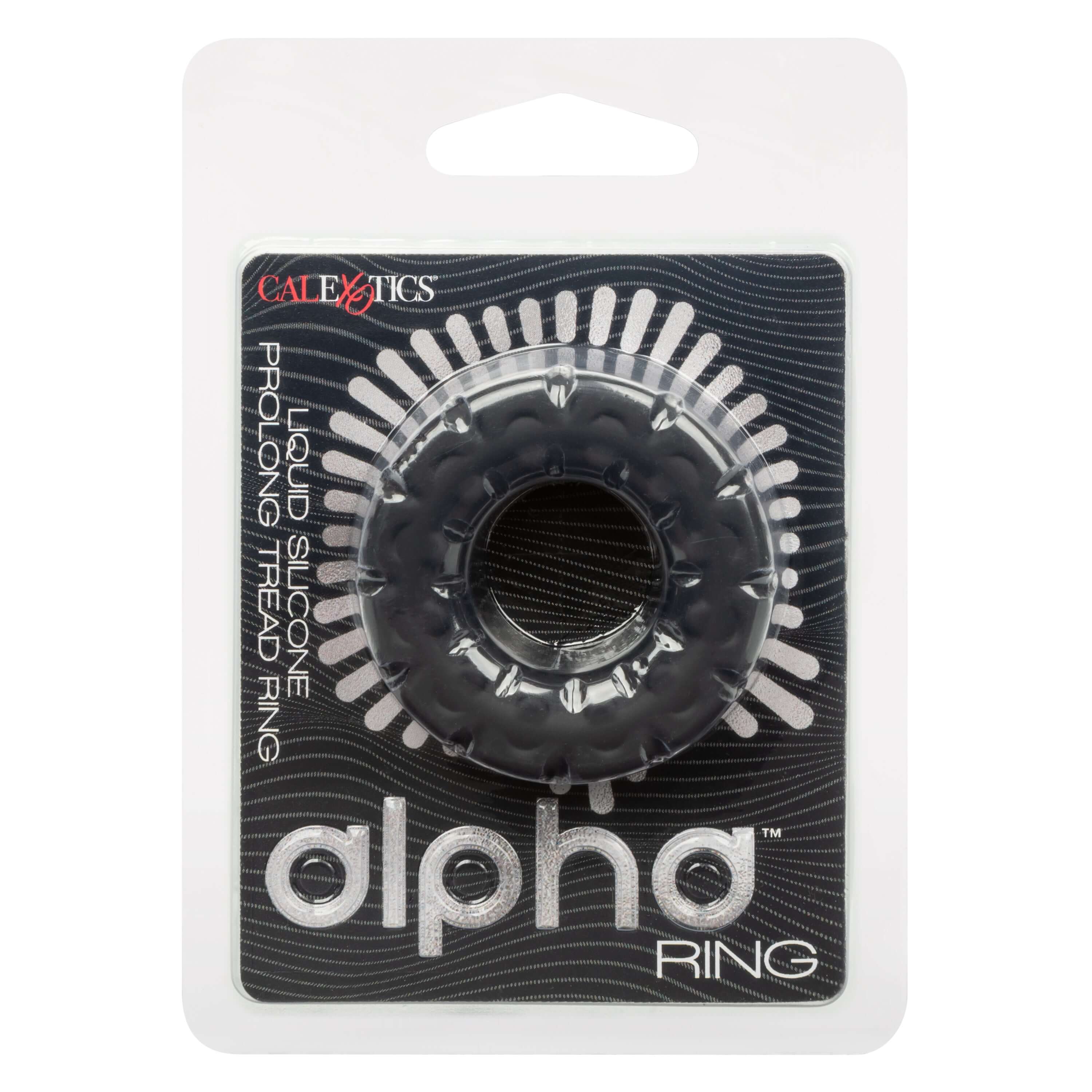 Alpha Liquid Silicone Prolong Tread Ring in black packaging for enhanced intimate experiences.