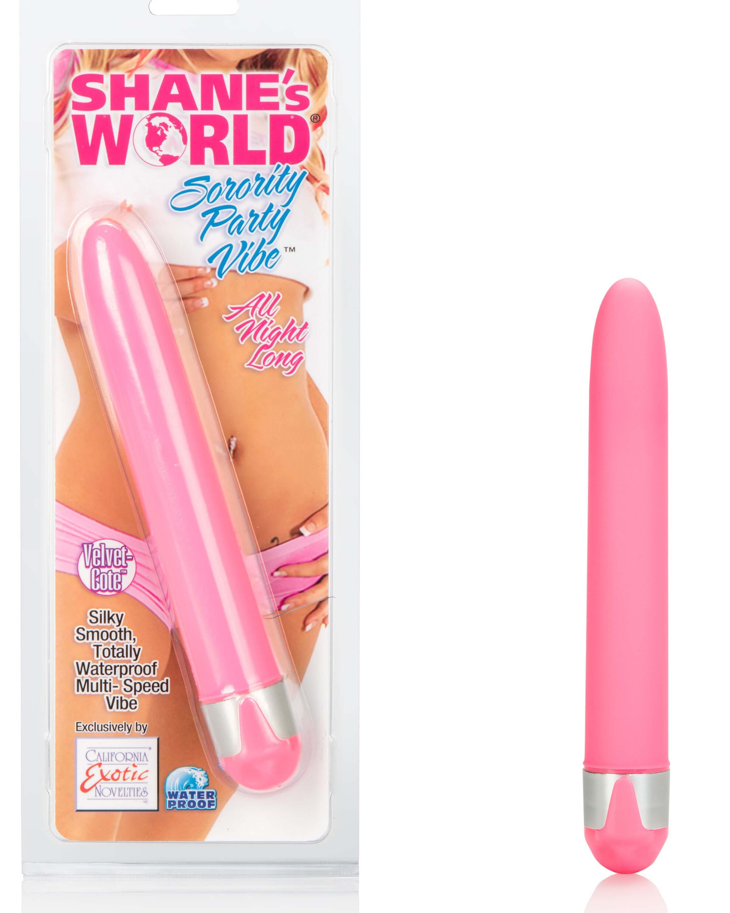 Shanes World Sorority Party Vibe All Night Long Pink personal massager packaging and product image.