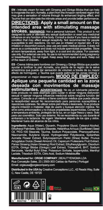 Orgie Touro Xxxl Power Cream for Him 15 ml product label with usage instructions and ingredients.