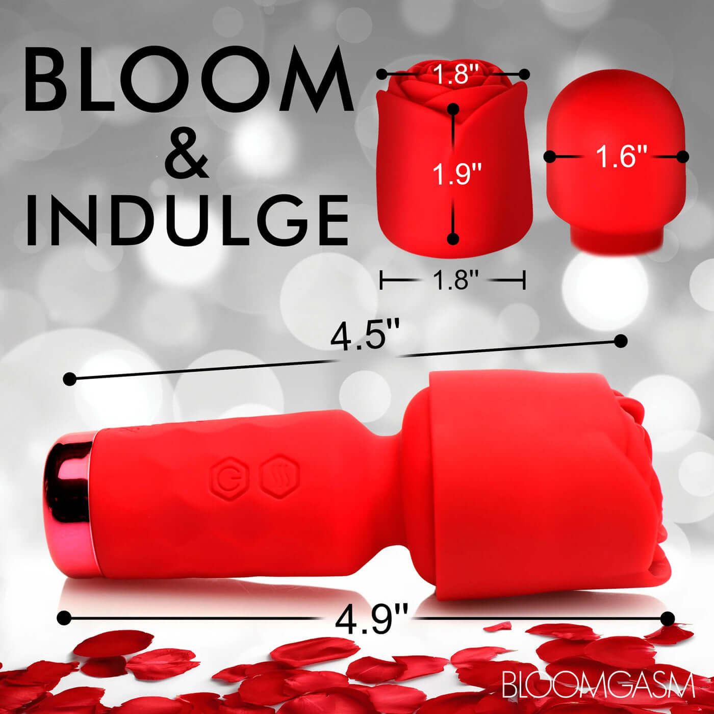 Pleasure Rose-Petite Mini Silicone Rose Wand with Dimensions Displayed - Red.