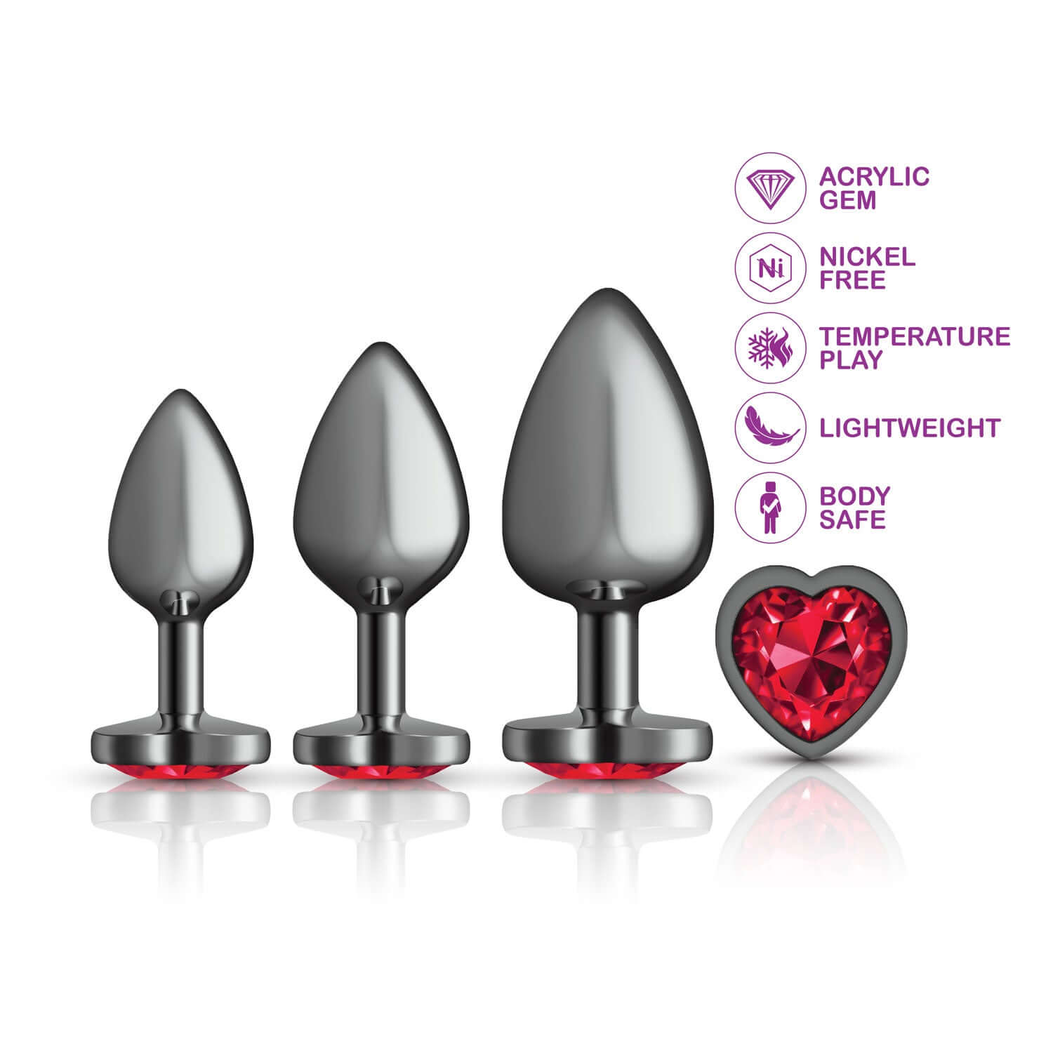 Cheeky Charms Metal Butt Plug Anal Trainer Kit with Dark Red Heart Gemstone in Small, Medium, and Large Sizes, Gunmetal