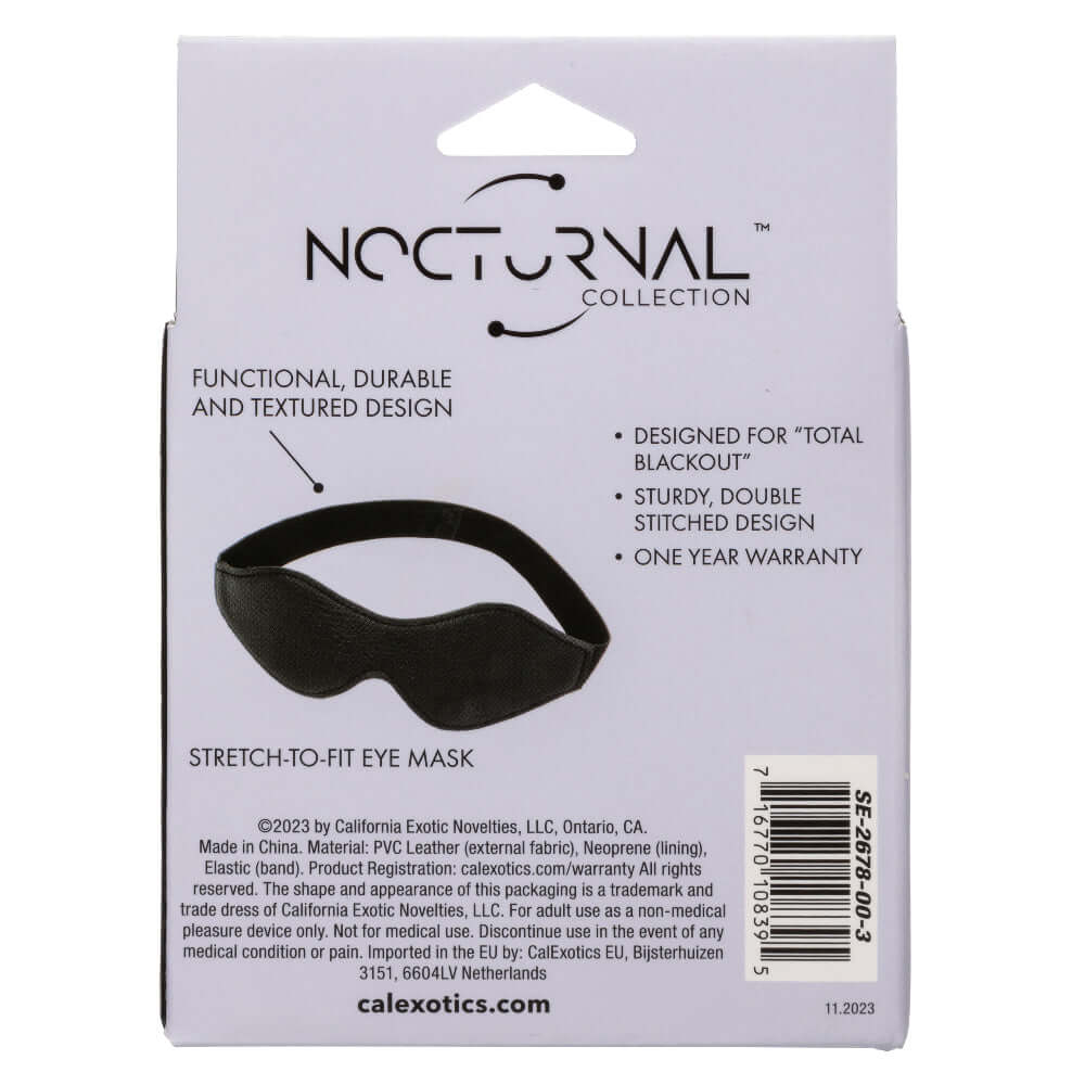 Packaging of Nocturnal Collection Eye Mask, black stretch-to-fit design, total blackout, double-stitched for durability, sensory comfort.