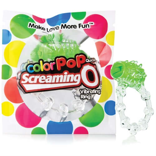 Colorpop Quickie Vibrating Ring Green in packaging by Screaming O, designed for enhanced intimacy and mutual stimulation.