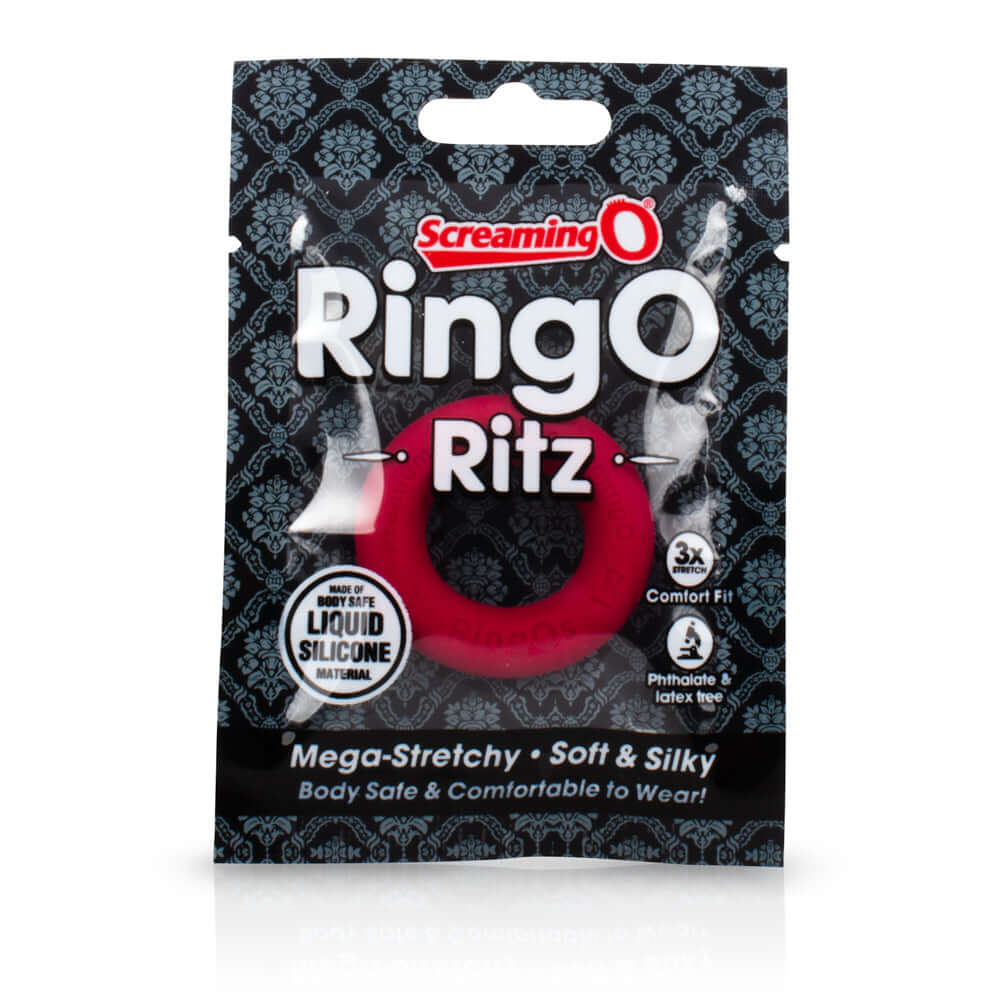 Screaming O Ringo Ritz Red packaging displaying the mega-stretchy, soft, and silky cock ring designed for comfort and style.