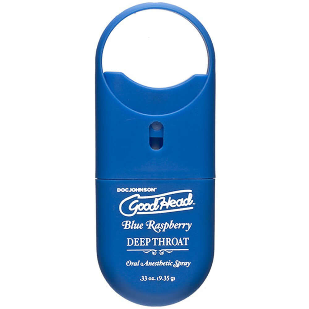 Goodhead Deep Throat Spray to Go Blue Raspberry 0.33 Oz packaging featuring a compact design and blue color.