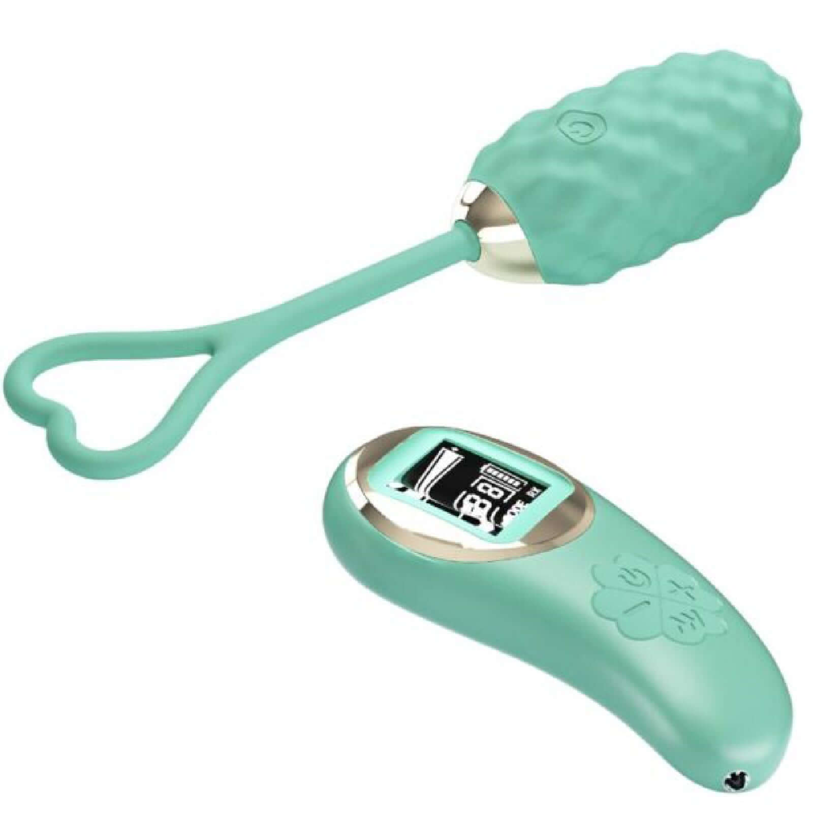 Turquoise silicone vibrating egg with wireless remote control featuring digital meter for various vibration patterns.