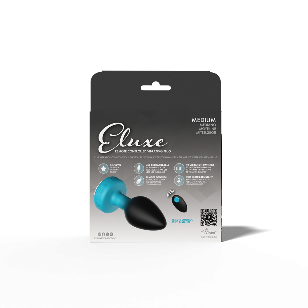Cheeky Charms Eluxe Vibrating Anal Plug Medium package with blue and black design and remote control features.