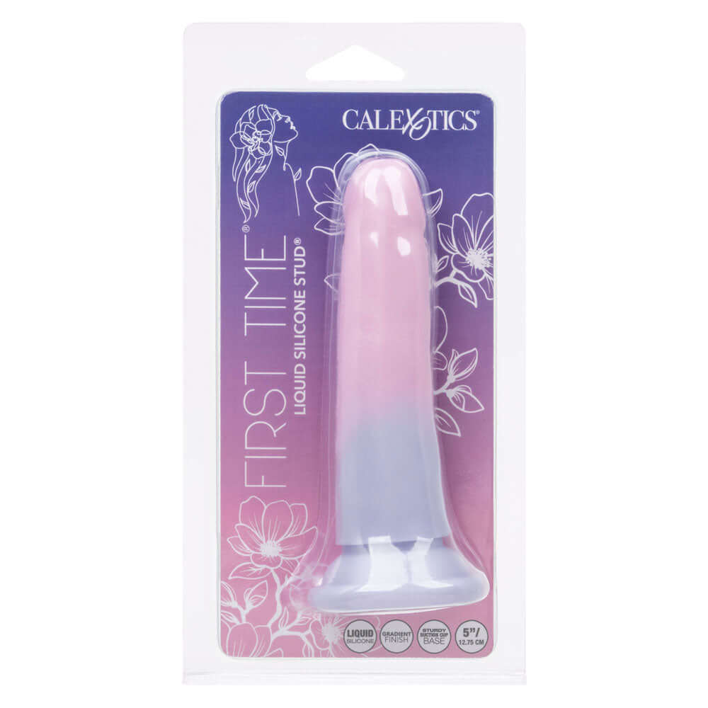 First Time Liquid Silicone Stud Dildo 5 inch in packaging, highlighting its soft and flexible design.