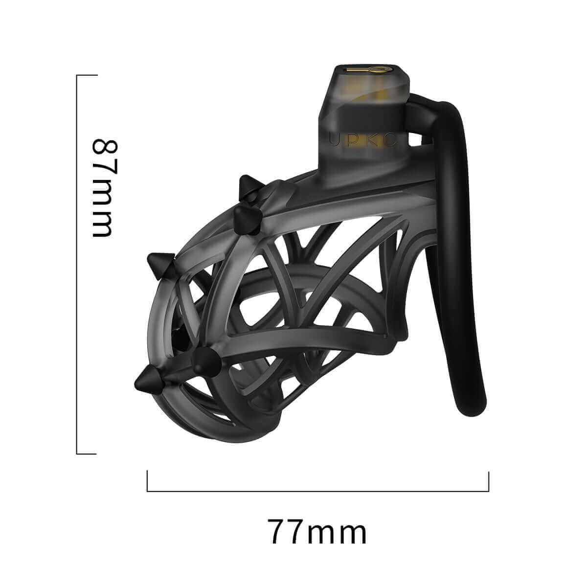 UPKO Caged Beast Male Chastity Device Kit in black, featuring unique design and dimensions of 87mm by 77mm.
