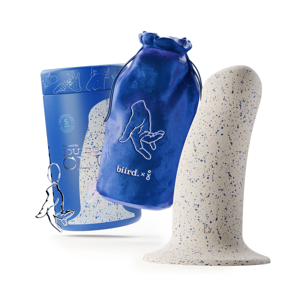 Biird Boo 5.5 Inch Soft Silicone Suction Cup Dildo Blue with storage bag and packaging.