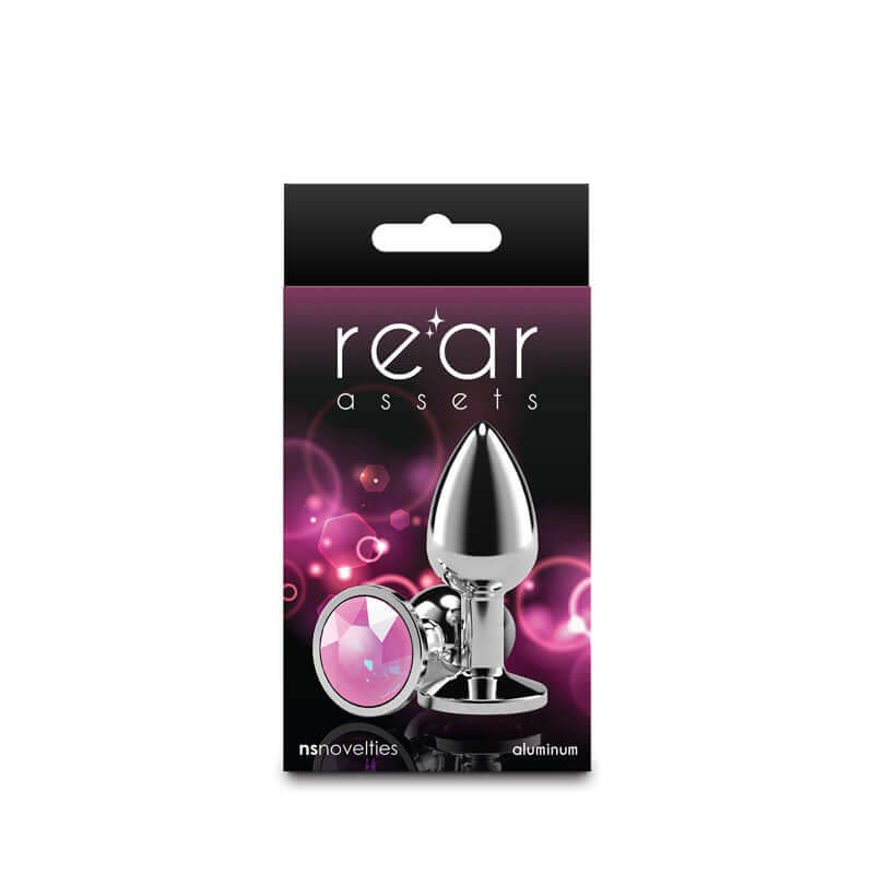 Rear Assets Silver Anal Plug Small Pink Gem packaging with a chrome-plated anal toy and pink gem accent.
