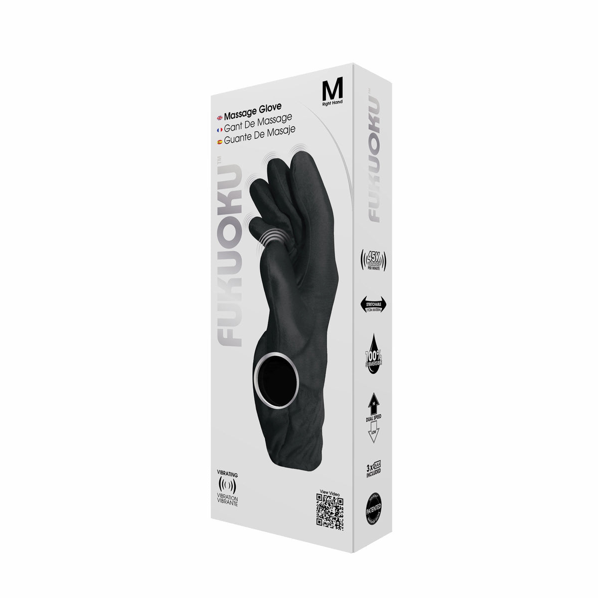 Fukuoku Vibrating Massage Glove Right Hand Medium Black packaging showcasing innovative design and features.