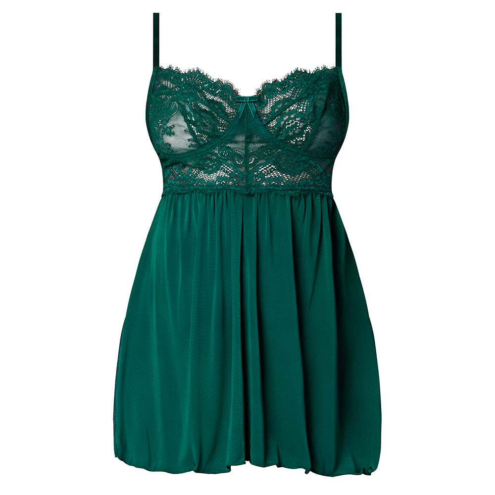 Magic Silk Evermore Babydoll & Panty Set Emerald Queen Size featuring sheer mesh and lace in a rich emerald color.