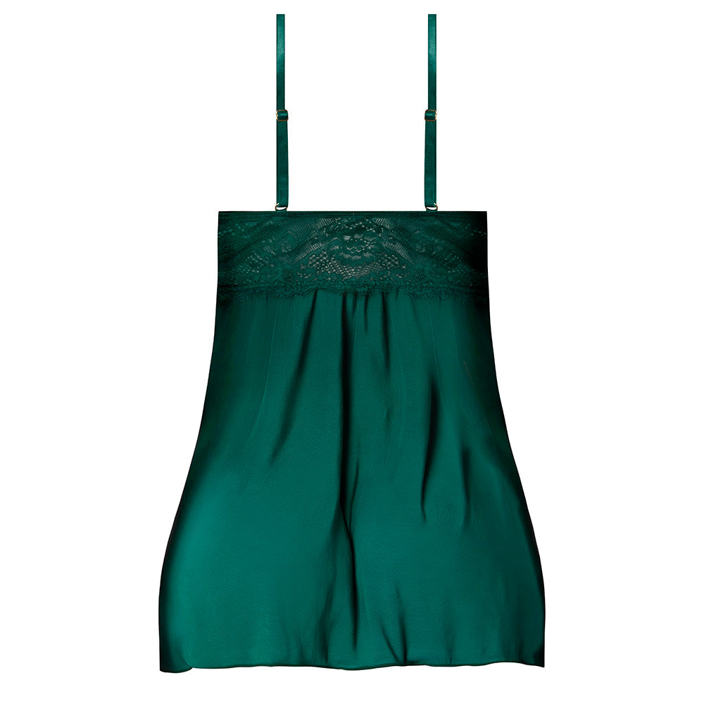 Magic Silk Evermore Babydoll & Panty Set Emerald Queen Size featuring sheer mesh and lace design in rich emerald.