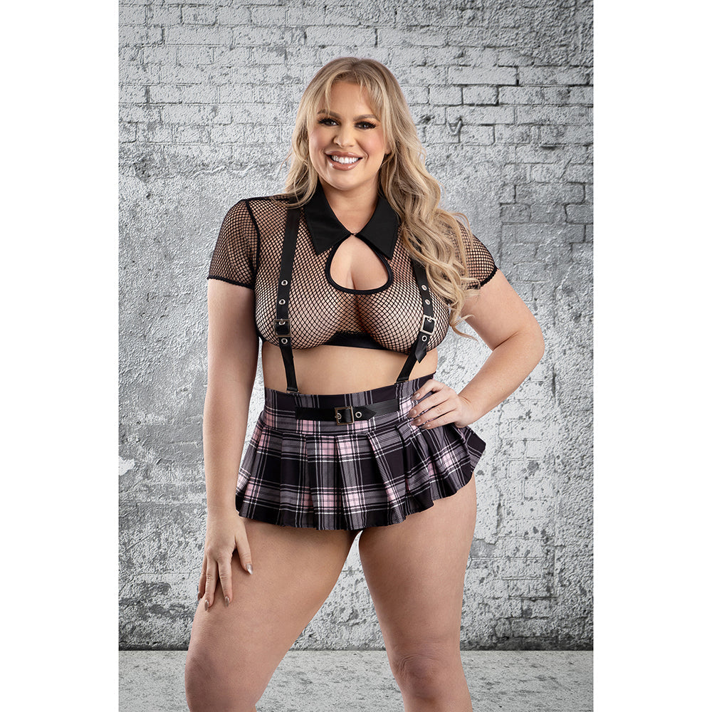 Fantasy Lingerie Skipping Class School Girl Costume 3XL/4XL featuring a model in a fishnet crop top and plaid skirt.