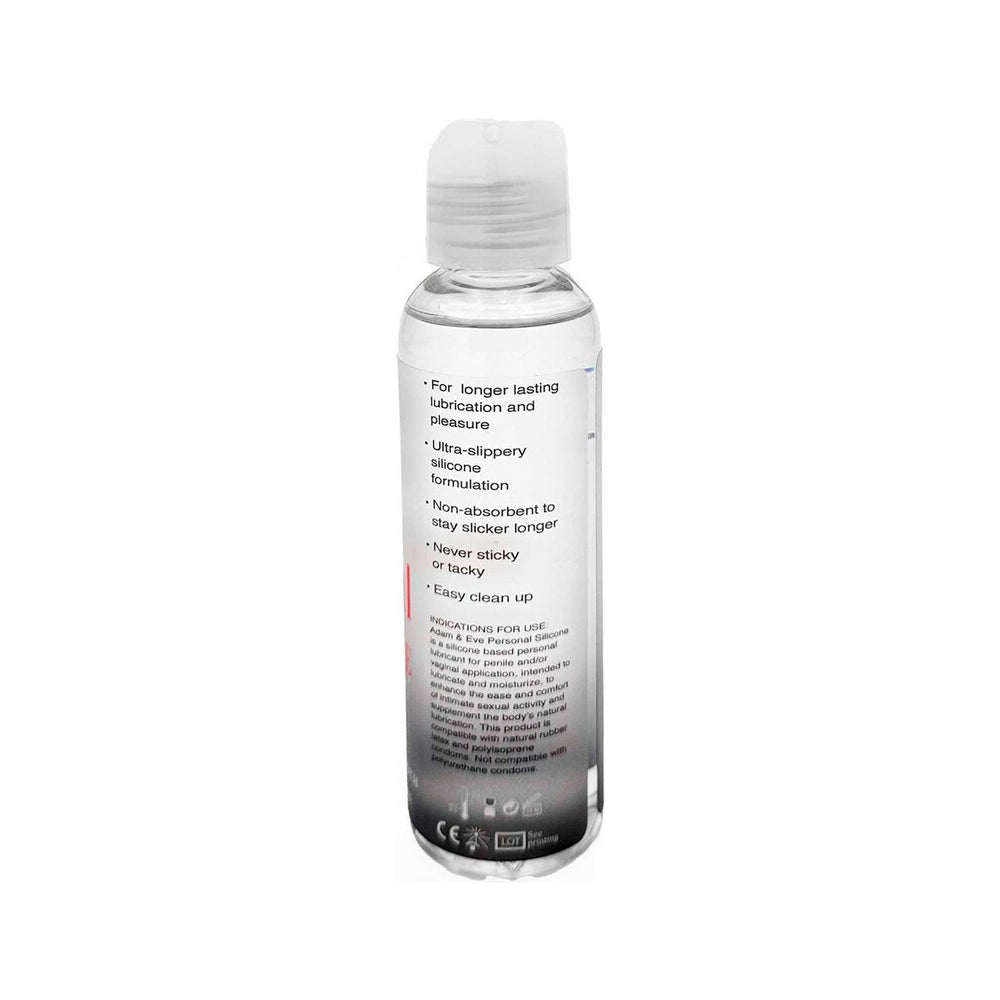 Adam & Eve Personal Silicone Lubricant 4 Oz bottle with informational label and easy cleanup instructions.