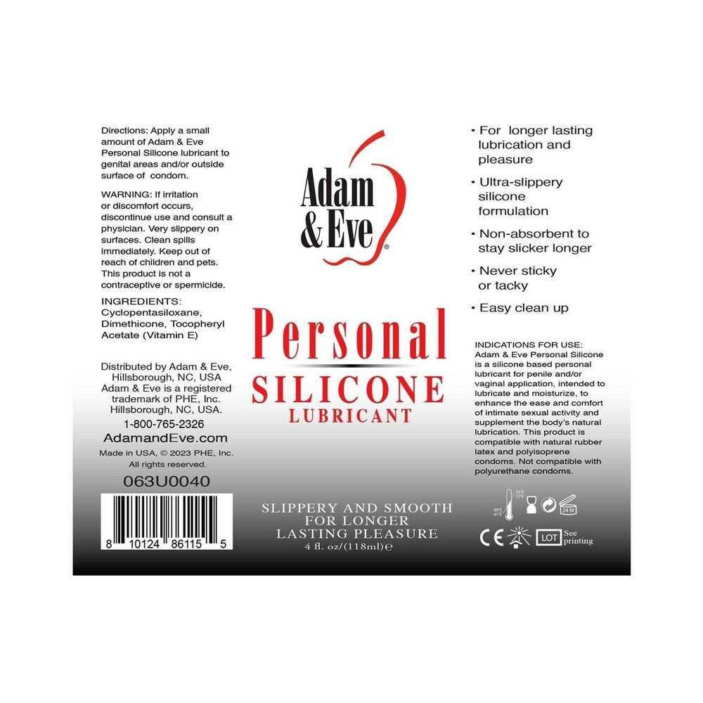 Adam & Eve Personal Silicone Lubricant 4 Oz packaging showing directions and ingredients for optimal use.
