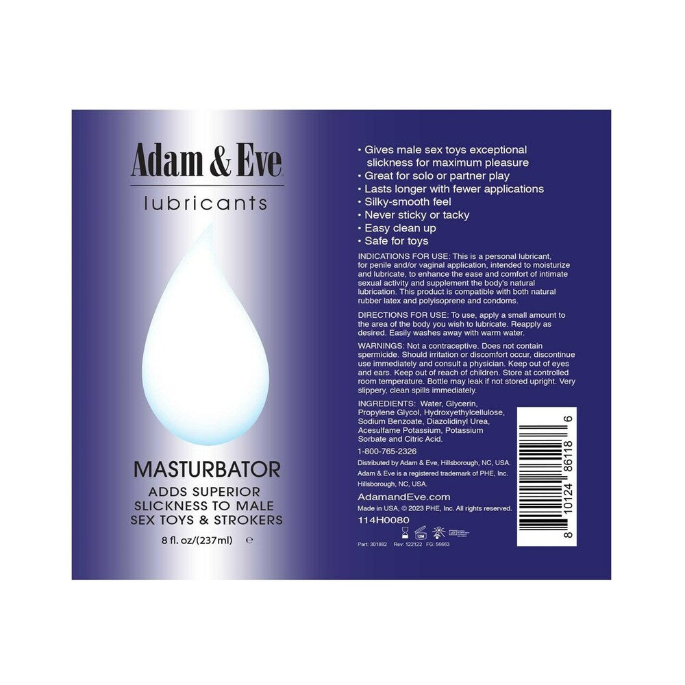 Adam & Eve Masturbator Lubricant 8 Oz product label showcasing its premium water-based formula for personal wellness.