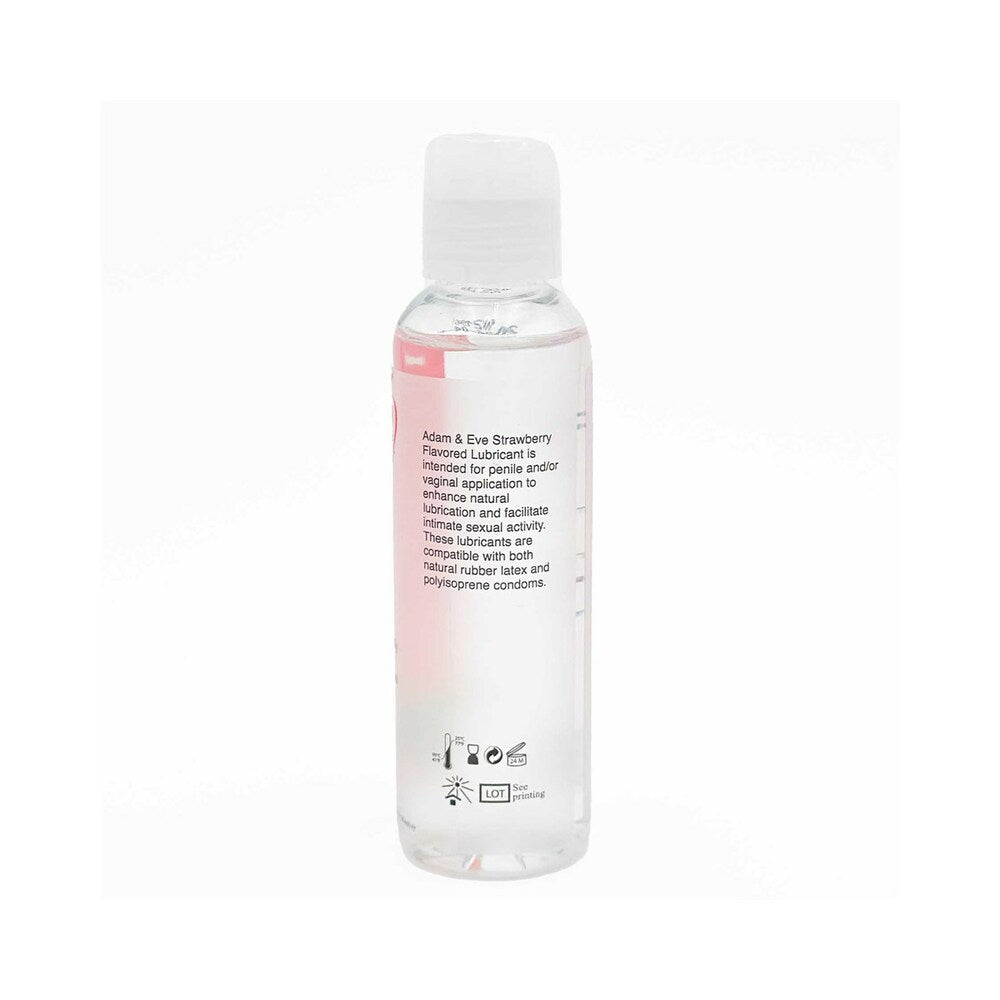 Adam & Eve Flavored Lubricant Strawberry 4 Oz bottle with clear water-based lubricant and ingredient label.