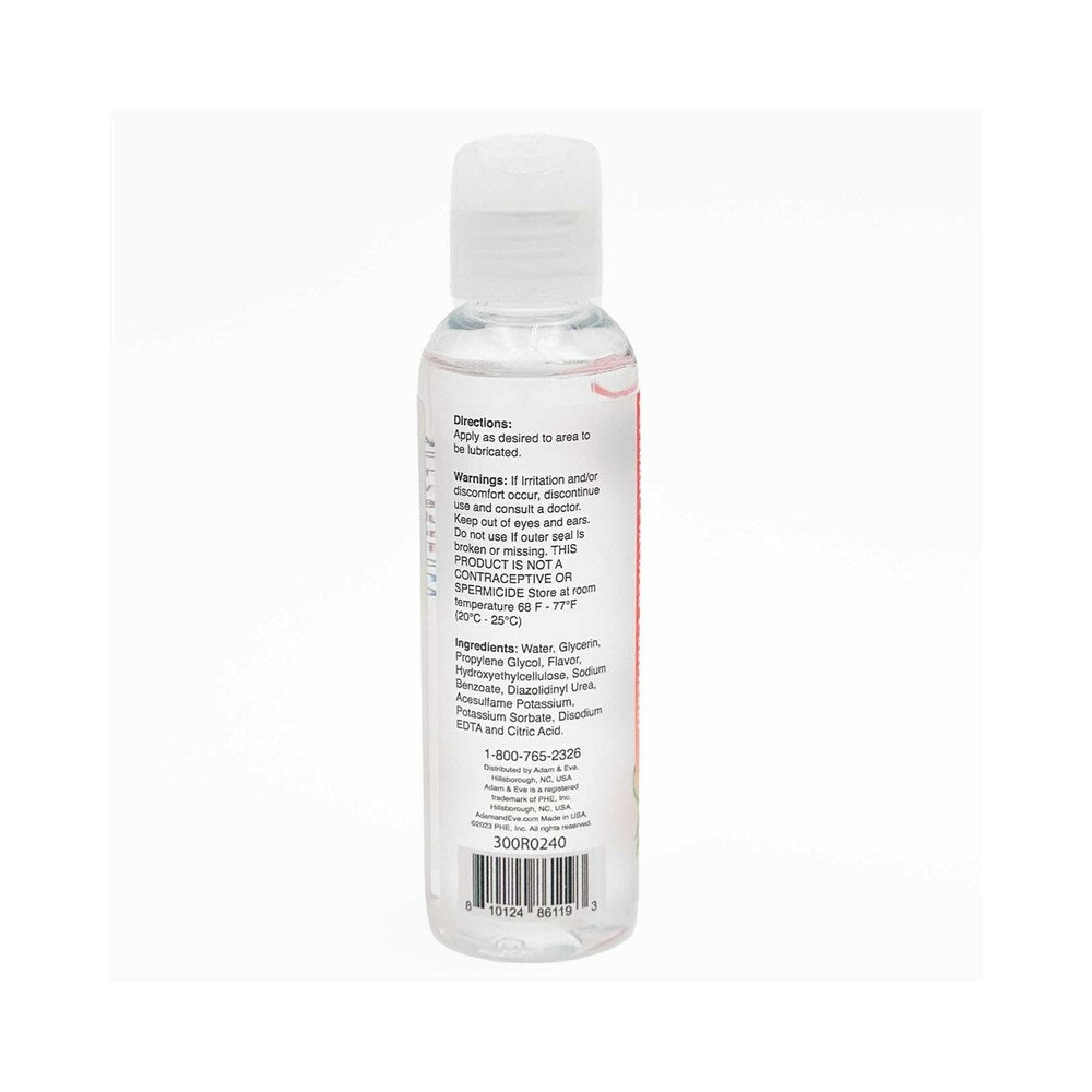 Back label of Adam & Eve Flavored Lubricant Strawberry 4 Oz showing instructions and ingredient list.