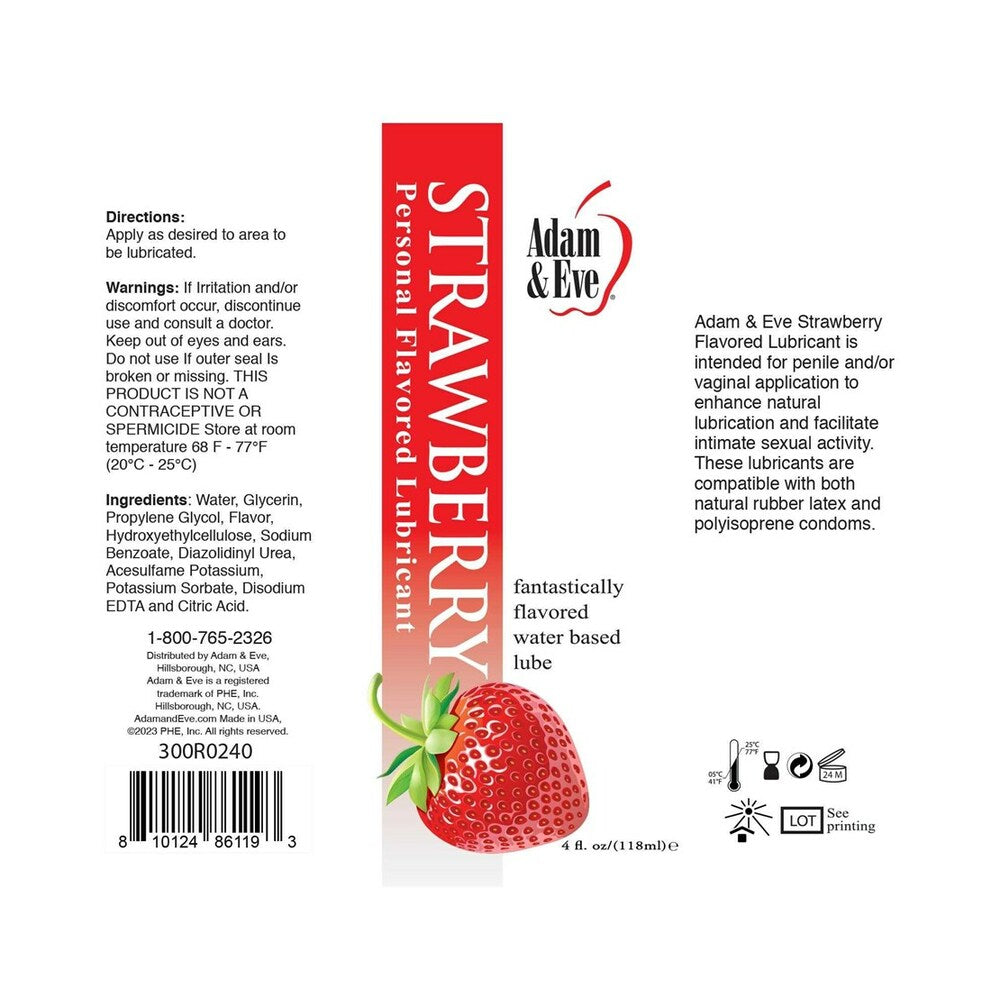Adam & Eve Flavored Lubricant Strawberry 4 Oz packaging with directions and ingredients listed.