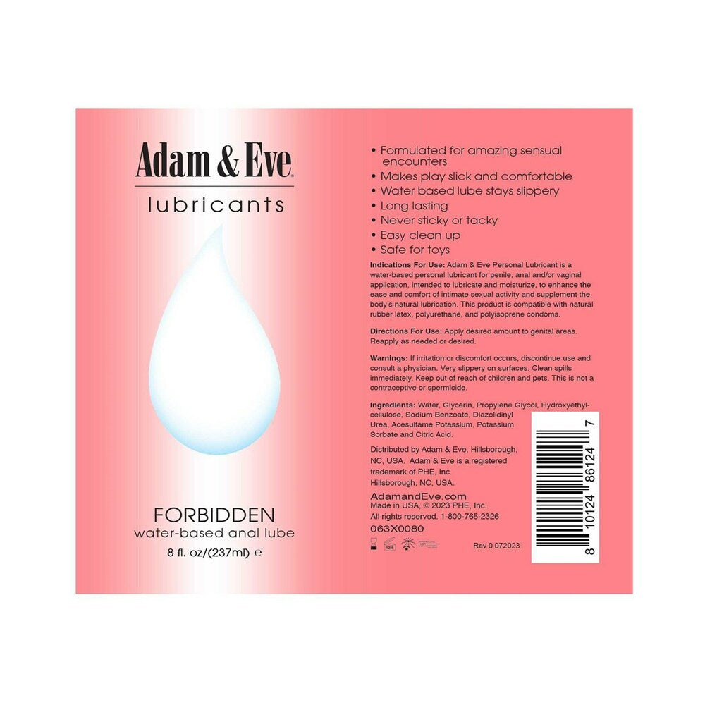 Adam & Eve Forbidden Water-based Anal Lubricant 8 Oz packaging featuring drop and product information.
