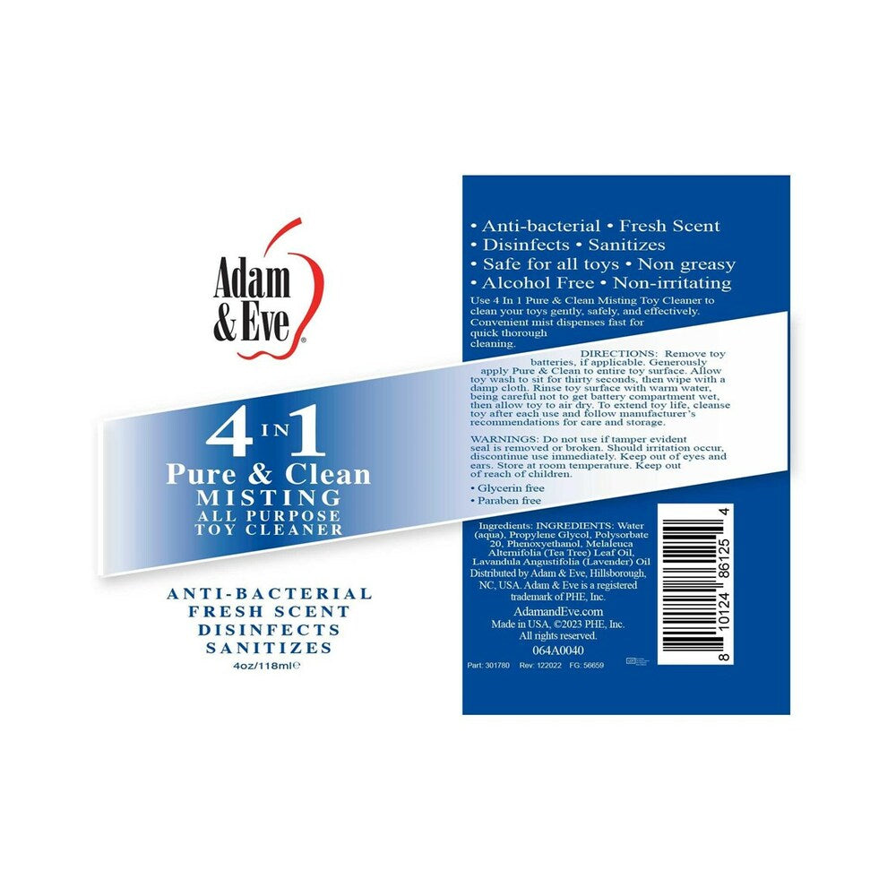 Adam & Eve 4 In 1 Pure & Clean Misting Toy Cleaner 4 Oz product label displaying features and usage instructions.