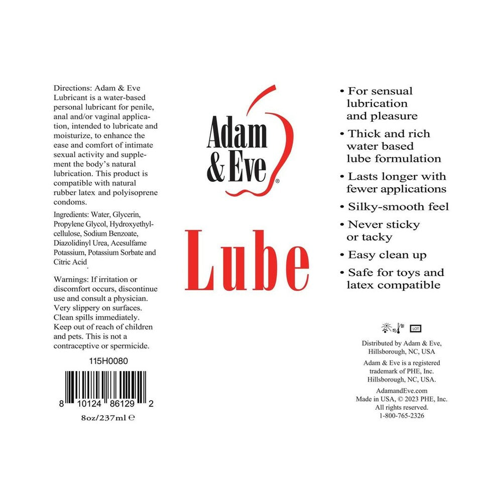 Adam & Eve Water-based Lubricant 8 Oz bottle label showing usage instructions and ingredients.