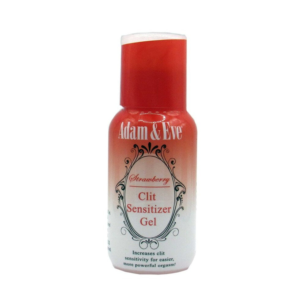 Adam & Eve Strawberry Clit Sensitizer 1 Oz bottle showcasing its water-based gel for enhanced sensitivity.