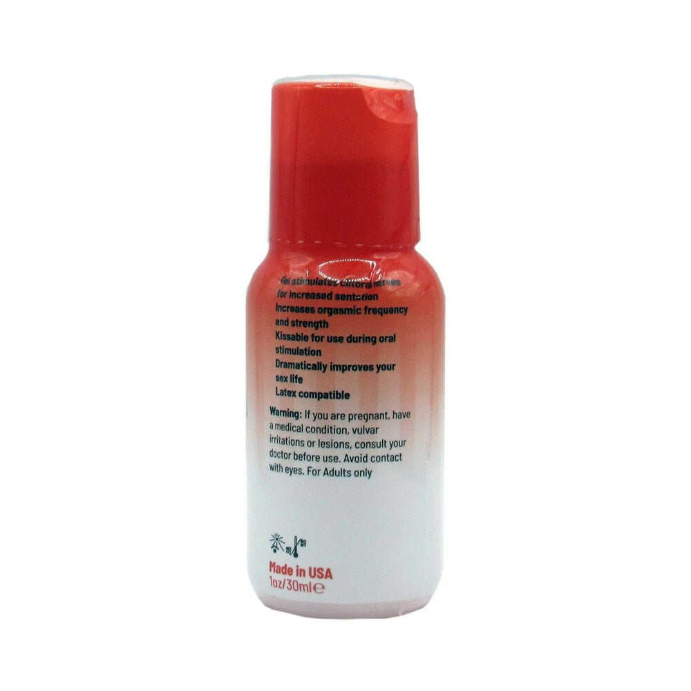 Adam & Eve Strawberry Clit Sensitizer 1 Oz bottle displaying usage instructions and warnings.