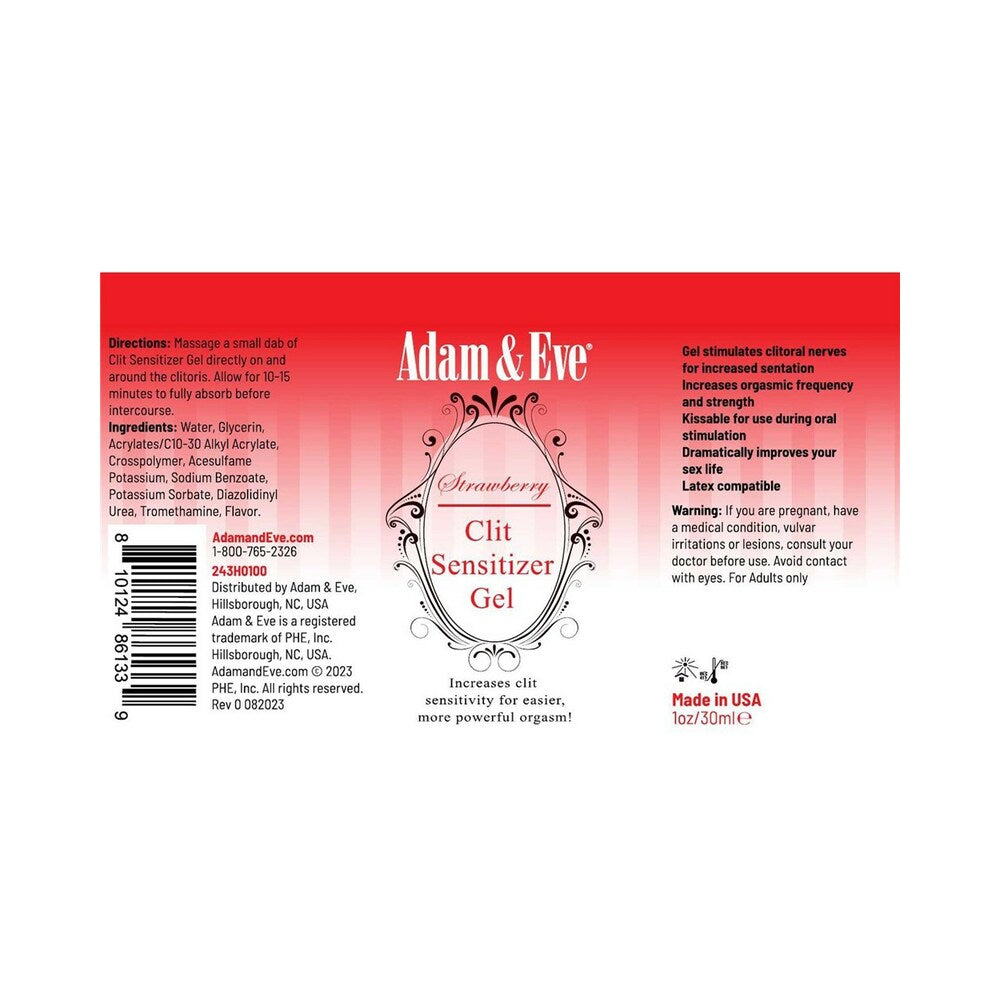 Adam & Eve Strawberry Clit Sensitizer 1 Oz label featuring usage directions and ingredients for intimate pleasure enhancement.