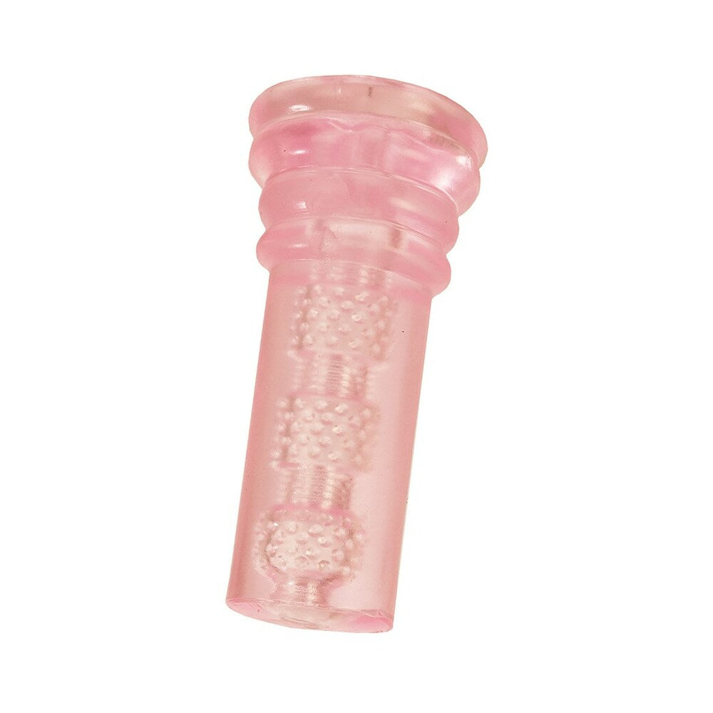 Adam & Eve Super Head Honcho Masturbator in a transparent pink design showcasing its textured interior.