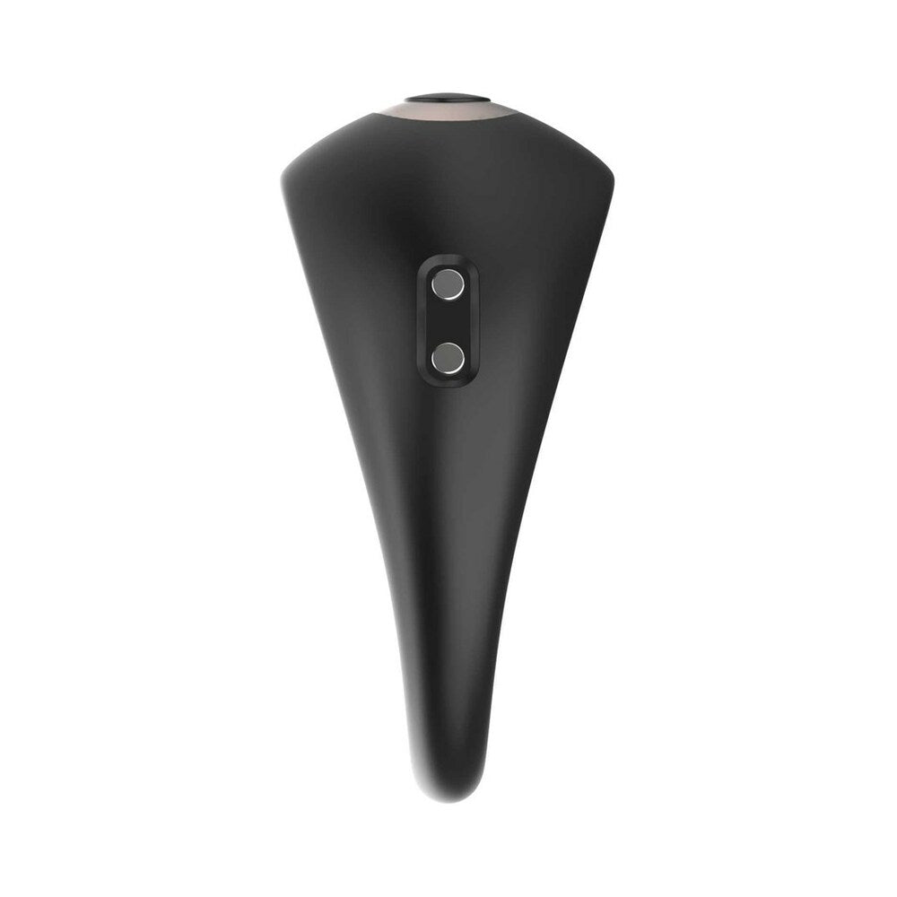 Adam & Eve Alan Vibrating Rechargeable Enhancer top view, featuring buttons for remote control and ergonomic design.