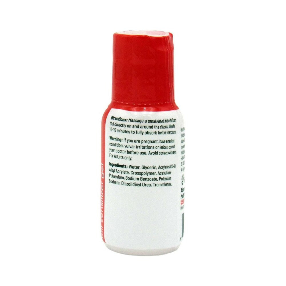 Adam & Eve Make Me Cum Clit Sensitizer Gel 1 Oz bottle back view with ingredient list.