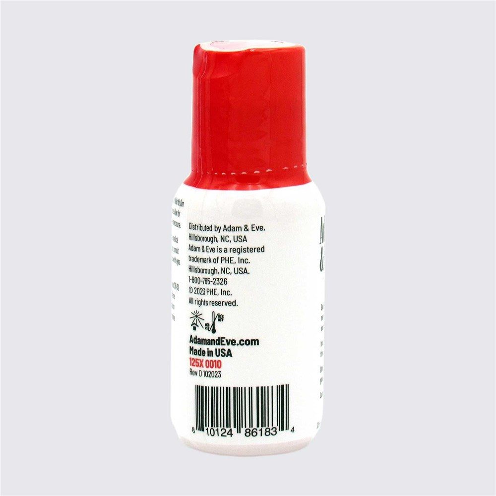 Adam & Eve Make Me Cum Clit Sensitizer Gel 1 Oz bottle side view with red cap and label details.