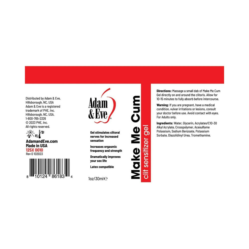 Adam & Eve Make Me Cum Clit Sensitizer Gel 1 Oz packaging with instructions and ingredients.