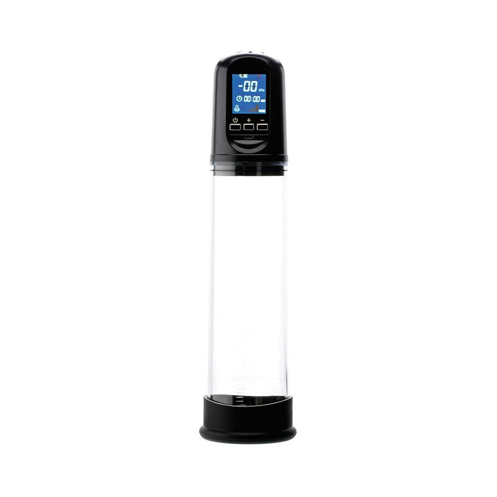 Adam & Eve Adams Rechargeable Penis Pump with digital display and black design.