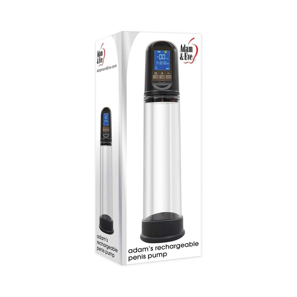 Adam & Eve Adams Rechargeable Penis Pump packaging with digital display and modern design