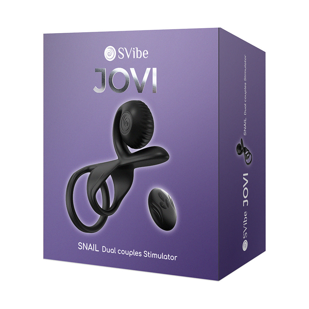 Svibe Snail Jovi Dual Couples Ring Vibrator Black box packaging view showcasing the product design and branding.