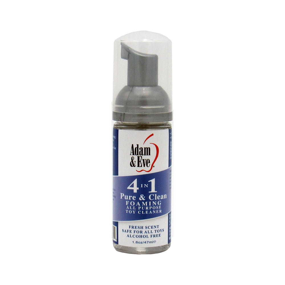 Adam & Eve 4 In 1 Pure & Clean Foaming Toy Cleaner 1.6 Oz in a pump bottle for sanitizing personal wellness products.