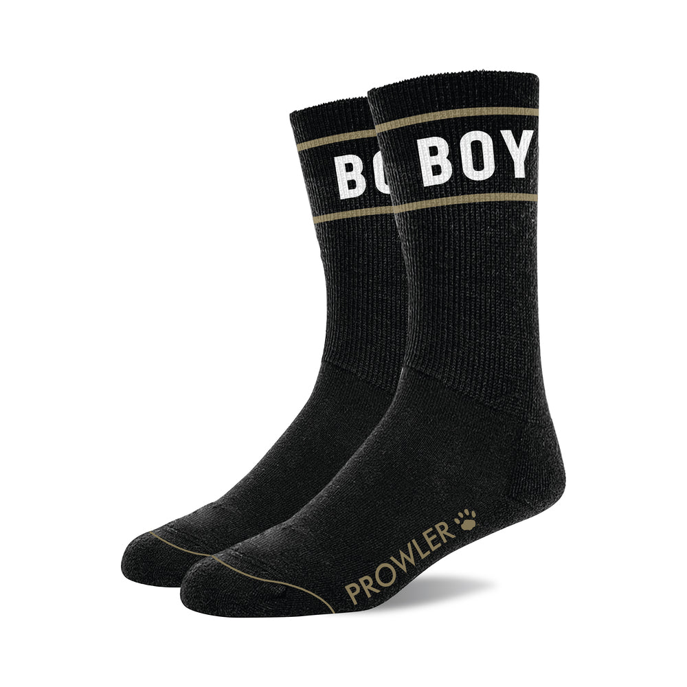 Prowler Red Boy Socks featuring an all-black design with a bold 'Boy' graphic and Prowler branding.